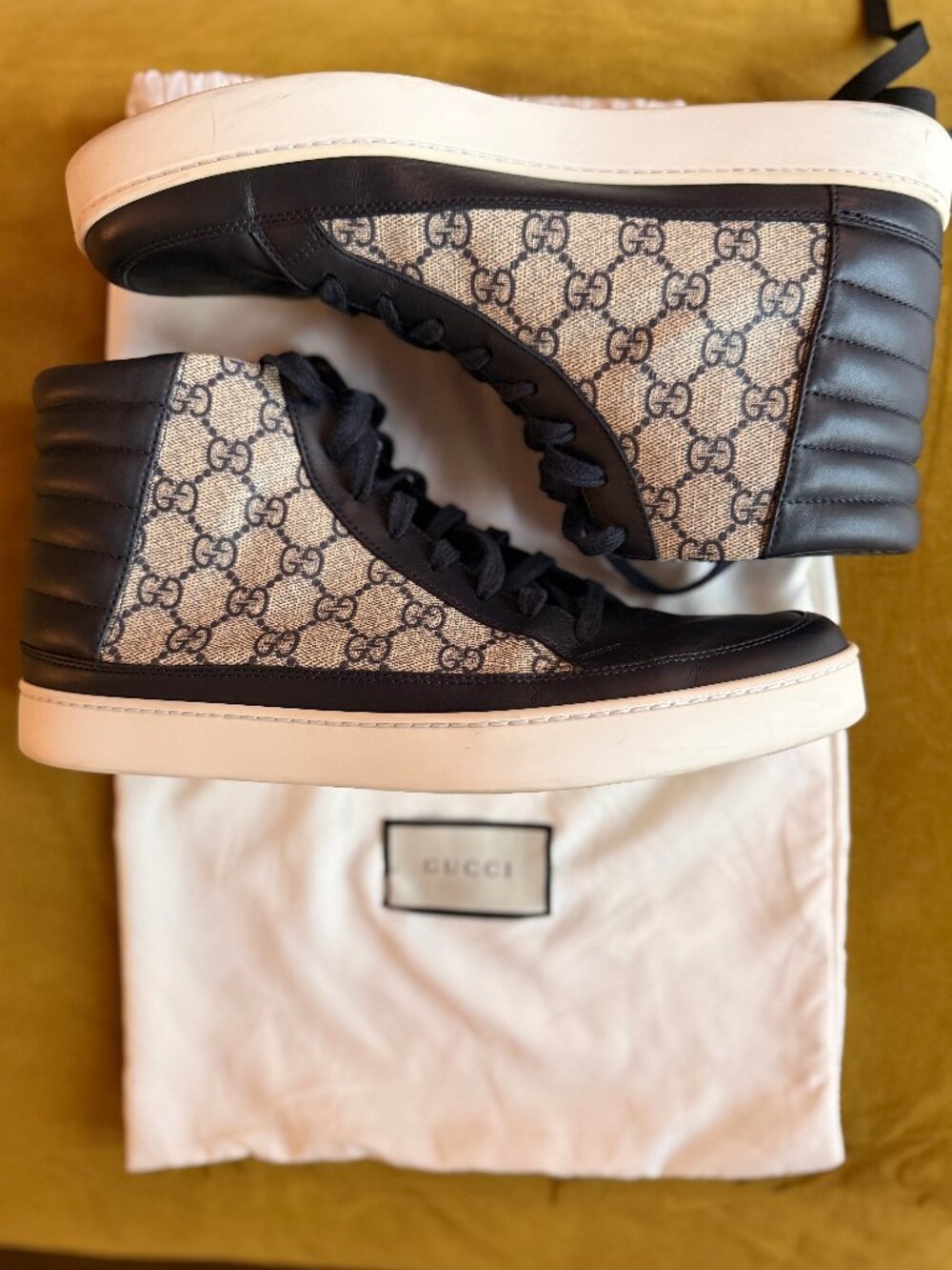 Gucci Men’s Tennis 1977 High Top Sneakers Navy Leather & monogram canvas